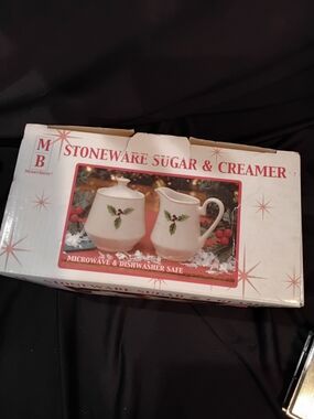 Merry Brite Stoneware Sugar & Creamer Set - White with Holly Accent